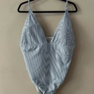 J. Crew Classic one piece swim suit size 24 blue white seersucker stripe